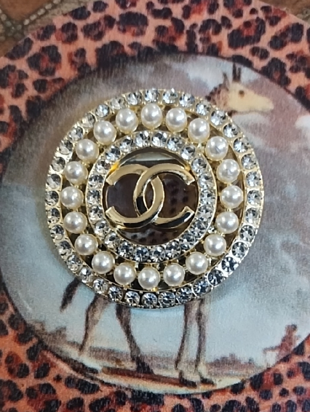 Gold-Tone Faux Pearl & Rhinestone Double C Circular Brooch